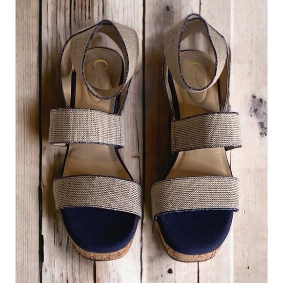 Comfort Est 1946 Womens Ankle Strap Wedge Sandals Size 9 3 1/2" Heel Blue White - Picture 9 of 16